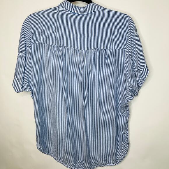 H&M Blue Vertical Pin Stripe Blouse Flowy Oversized Sz 4 - Picture 6 of 10